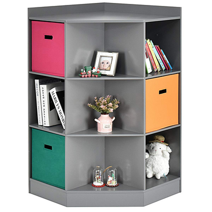 Costzon 9-Cubby Kids Bookcase, Children's Corner Cabinet with 6 Cubes and 3 Shelves, Wooden Toy Organizers and Storage Book Shelves