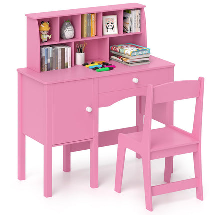 Costzon Kids Desk and Chair Set, Wooden Kids Study Desk with Hutch