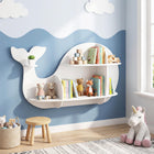 Costzon Wooden Whale-Shaped Wall Shelf | Floating Bookshelf with 6 Open Shelves
