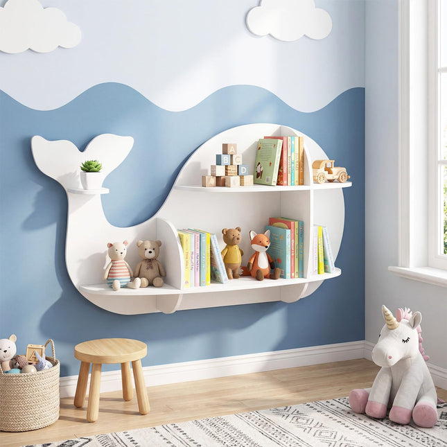 Costzon Wooden Whale-Shaped Wall Shelf | Floating Bookshelf with 6 Open Shelves