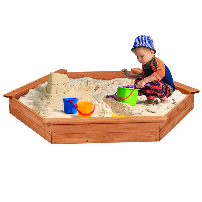 Costzon Wooden Sandbox with Seat Boards, Oxford Cover,Ground Liner, 73" x 64" Hexagon