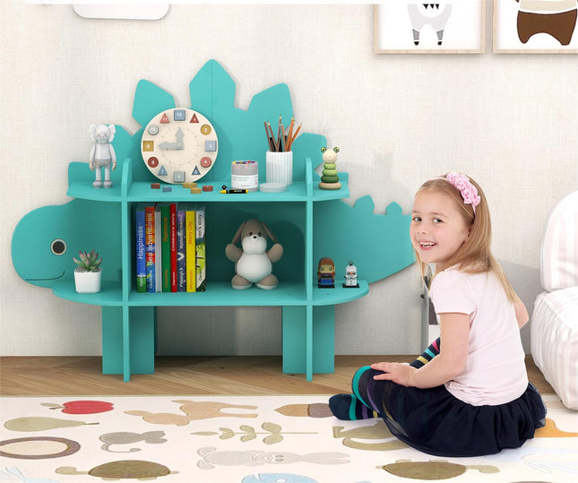 Costzon Dinosaur Kids Bookshelf, 2-Tier Toddler Montessori Shelf Book Rack, Toy and Book Storage for Kids