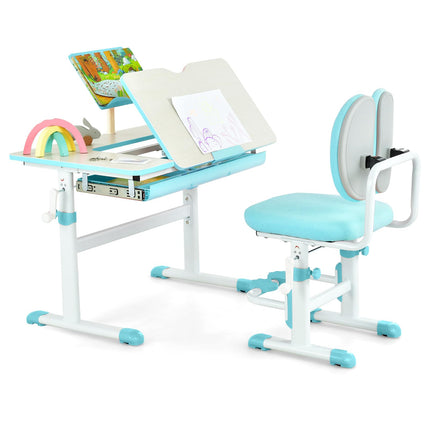 Costzon Kids Desk and Chair Set, Height-Adjustable Student Study Desk with Tiltable Desktop, Book Stand