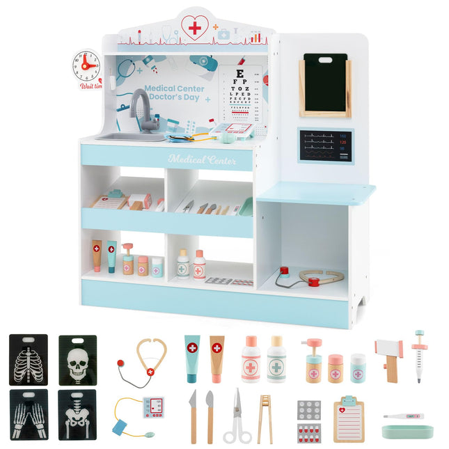 Costzon 2 in 1 Wooden Doctor Playset Role Play Medical Toy w/24 Medical Accessories
