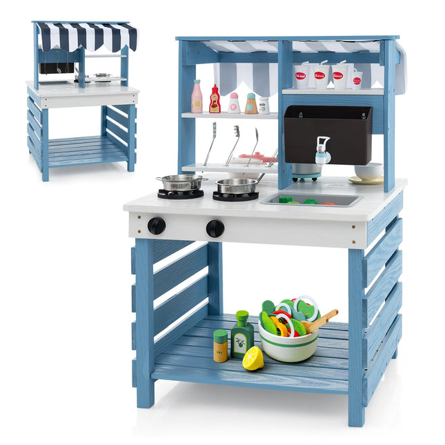 Costzon 2 in 1 Mud Kitchen, Double-sided Fir Wood Kids Kitchen Playset & Pretend Grocery Store with Stoves