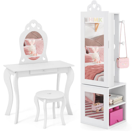 Costzon Kids Vanity & Jewelry Armoire Cabinet, Wooden Kids Vanity Table and Chair Set