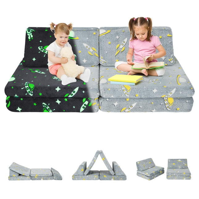 Costzon Convertible Kids Couch, Glow in Dark, 6-Piece Modular Sofa Playset with 4 Base Cushions & 2 Triangular Pillows, Grey
