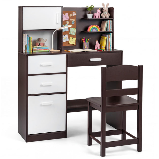 Costzon Kids Desk and Chair Set Wooden Study Table with Hutch