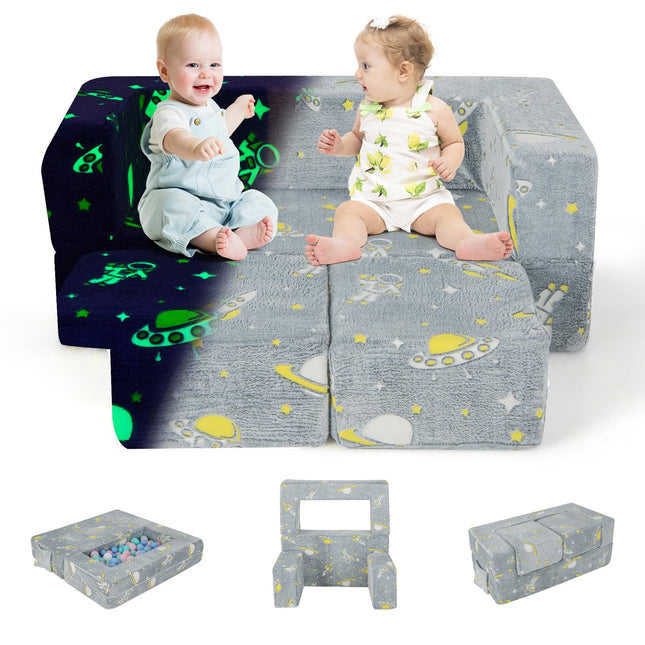 Costzon Convertible Toddler Couch, Glow in Dark, Fold Out Modular Sofa Playset with Ottomans