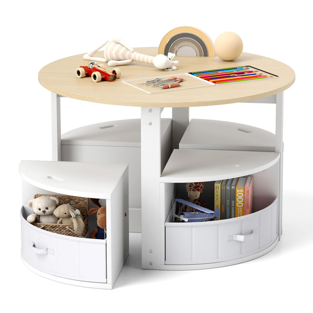 Costzon Kids Table and Chairs, 5 Pieces Wooden Round Children Nesting Table with 4 Storage Stools & 4 Fabric Drawers for Activity