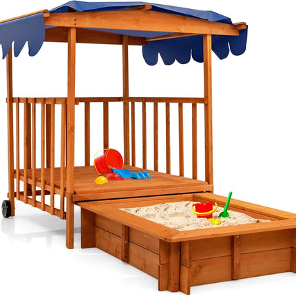 Costzon Kids Retractable Sandbox with Canopy, Wooden Cedar Cabana Playhouse w/Large Play Area
