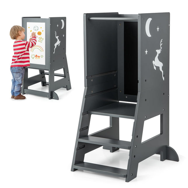 Costzon Toddler Tower, Wooden Kids Kitchen Stool Helper with Height Adjustable Platform, Safety Rail