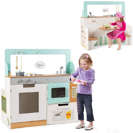 Costzon 2 in 1 Kids Play Kitchen and Restaurant, Double Sided Wooden Pretend Cooking Playset with Sink