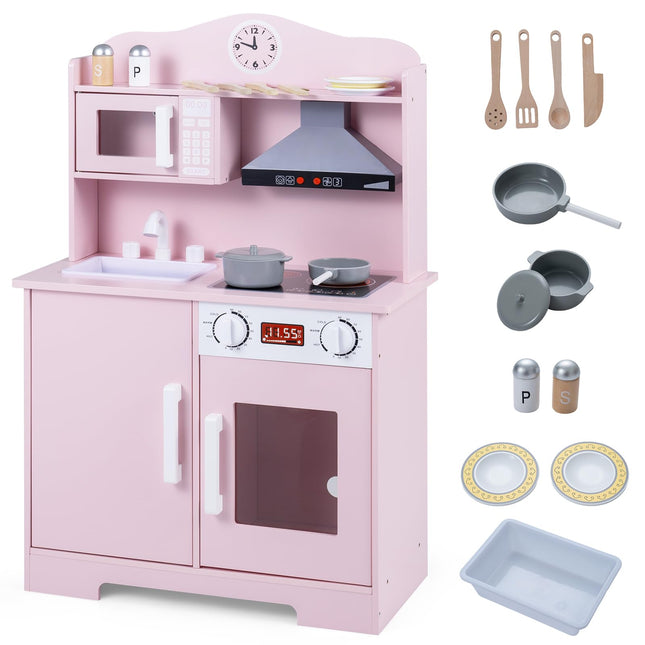 Costzon Play Kitchen for Kids| Wooden Kitchen Playset w/Range Hood