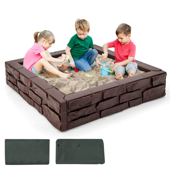Costzon Kids Sandbox with Cover, 47"x 47" HDPE Sandpit with Oxford Cover, Bottom Liner