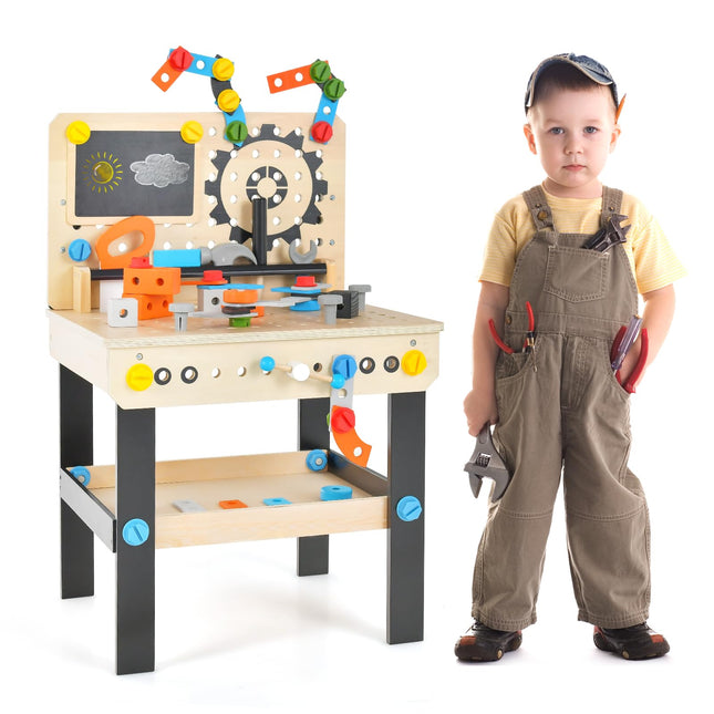 Costzon Kids Tool Bench, Wooden Pretend Workbench w/ 81 Accessories, Blackboard, Realistic Role Play Construction Building Tool Set