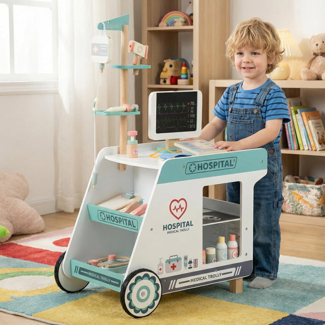 Costzon Kids Wooden Doctor Cart Pretend Medical Station Toy Set