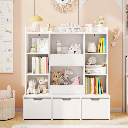 Costzon Large Kids Bookcase with 3 Movable Drawers & 8 Storage Cubbies
