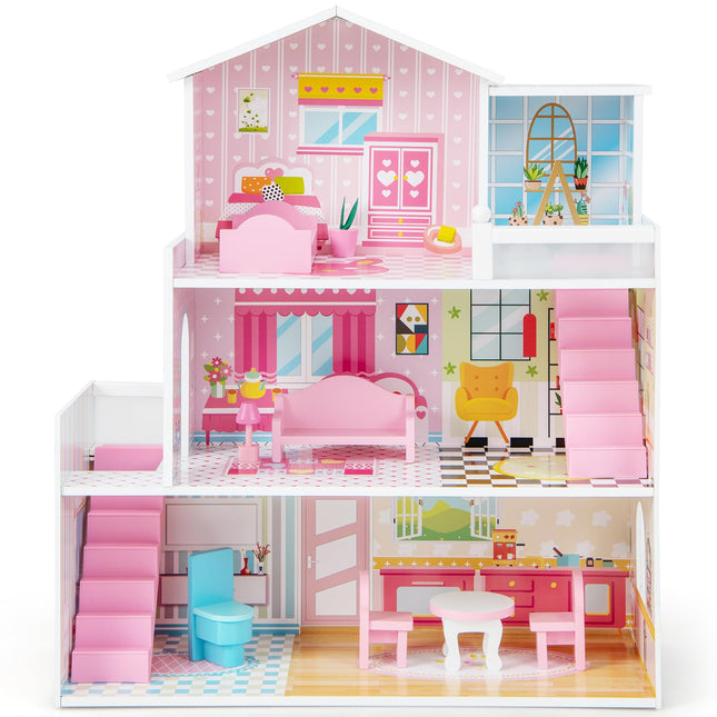 Costzon Wooden Dollhouse for Kids, 3-Story Semi-Open Doll House with 5 Rooms & 10 Pieces Furniture Set