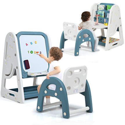 Costzon Kids Art Easel with Stool, 2 in 1 Double-Sided Magnetic Dry Erase Board and Kids Book Rack with Foldable Desktop