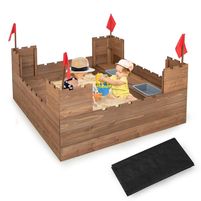 Costzon Kids Sandbox, Cedar Wood 45" x 45" Sand Pit w, Outdoor Sand Box for Kids Age 3+ for Backyard Garden Beach