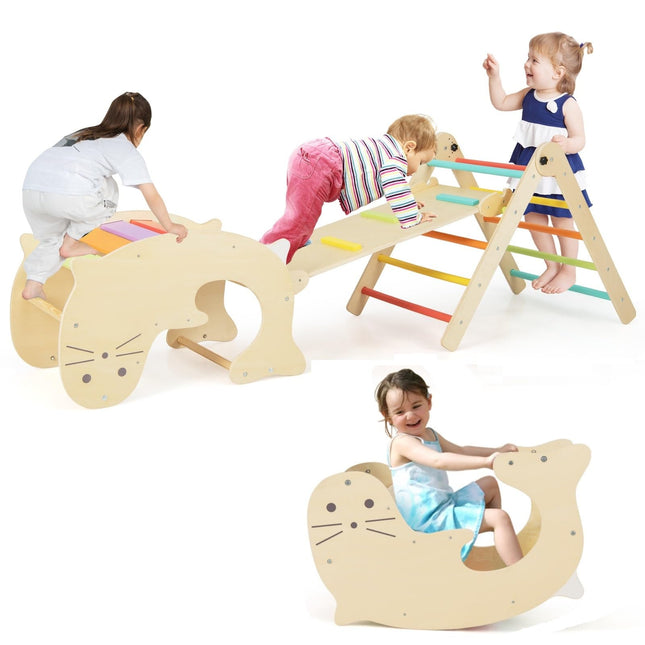 Costzon Climbing Toys for Toddlers, 7 in 1 Foldable Montessori Wooden Arch Climber Ladder with Rocker