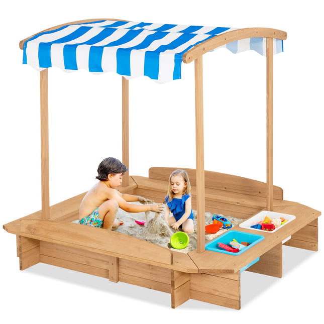 Costzon Kids Wooden Sandbox with Canopy & 2 Toy Storage Boxes