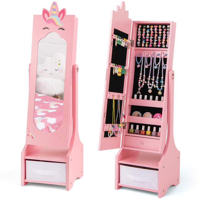 Costzon Kids Jewelry Armoire Cabinet, 45.5" Standing Jewelry Organizer with Full-Length Mirror