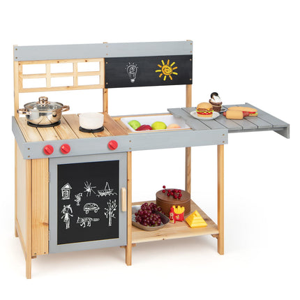 Costzon Mud Kitchen for Kids Outdoor Wooden Pretend Playset with Removable Cover
