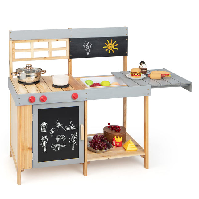 Costzon Mud Kitchen for Kids Outdoor Wooden Pretend Playset with Removable Cover