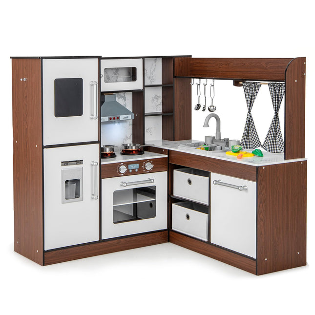 Costzon Kids Corner Kitchen Playset, Toddler Pretend Toy Kitchen w/Sink & Faucet, Water Circulation System