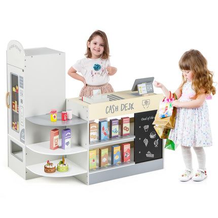 Costzon Pretend Grocery Store Playset, Wooden Supermarket Toy Set for Kids with Chalkboard