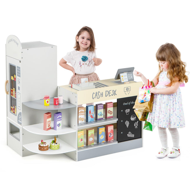 Costzon Pretend Grocery Store Playset, Wooden Supermarket Toy Set for Kids with Chalkboard