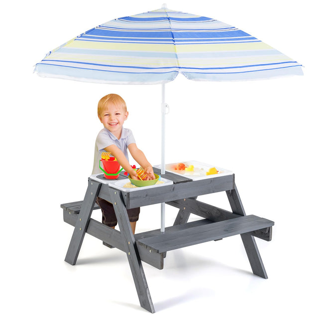 Costzon Kids Picnic Table, 4 in 1 Sand & Water Table w/Adjustable Umbrella