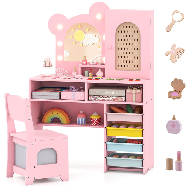 Costzon Girls Vanity Set Wooden Vanity Table and Chair Set