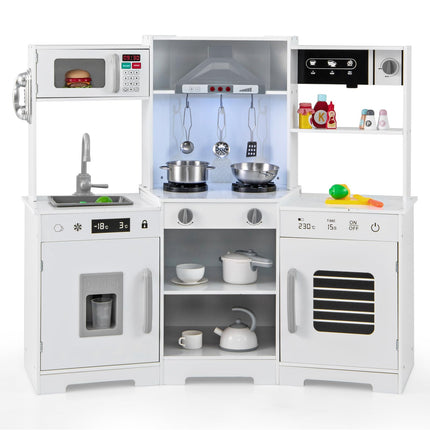 Costzon Corner Kids Kitchen Playset, Wooden Toy Kitchen Set with Range Hood