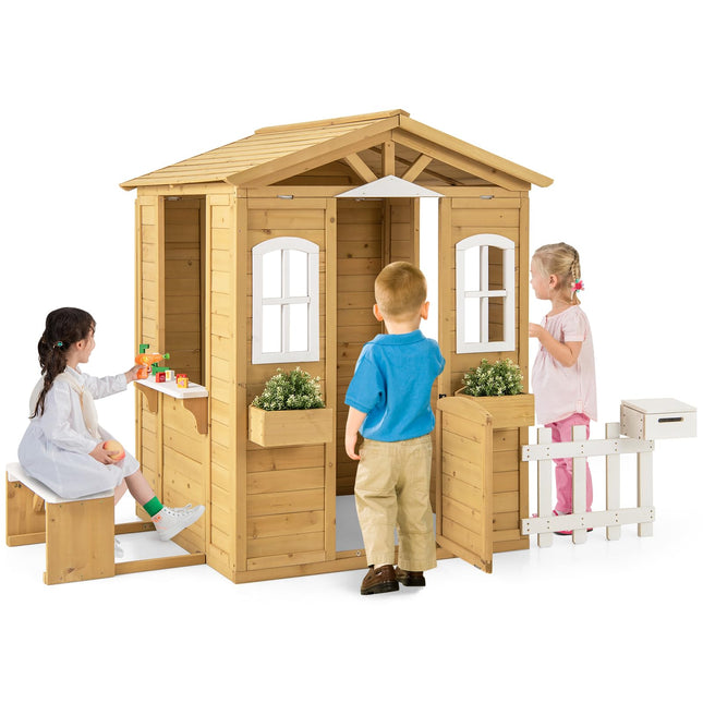 Costzon Fir Wood Outdoor Playhouse for 2+ Years Old Kids