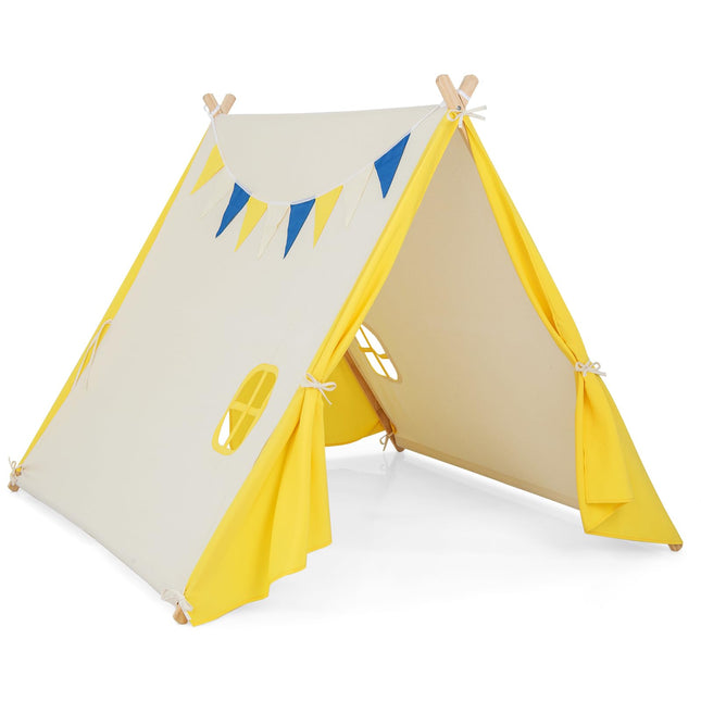 Costzon Teepee Tent for Kids, Pine Wood Frame Triangular Playhouse w/Cute Windows