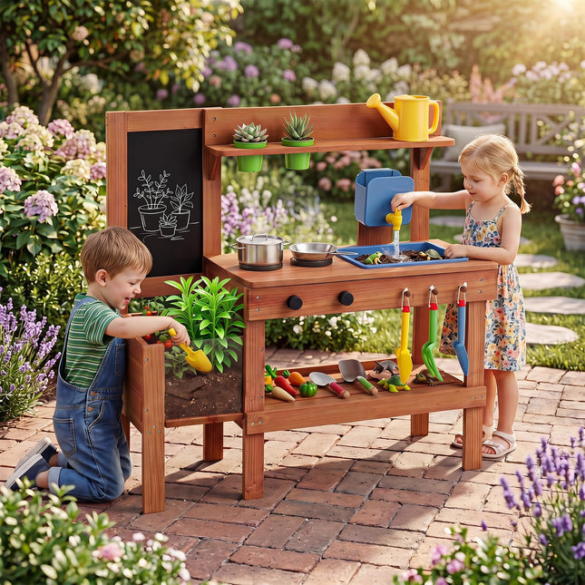 Costzon Mud Kitchen | Solid Wood Toddler Role Play Toy w/Planter Box