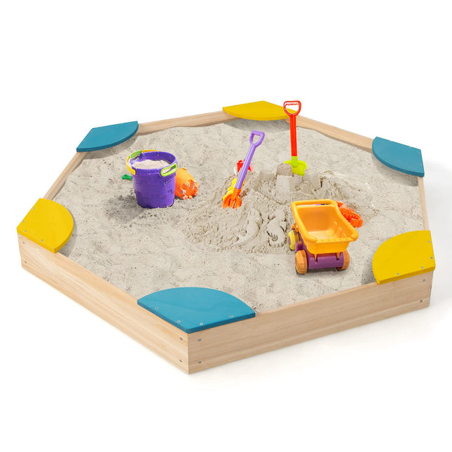 Costzon Kids Sandbox, Hexagon Large Cedar Wood Sand Pit w/ 6 Built-in Corner Seating