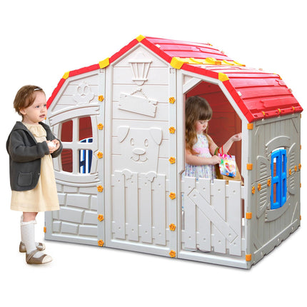 Costzon Roomy Kids Playhouse, Realistic Cottage Playset w/Open-able Windows, Indoor Outdoor Playhouse for Kids