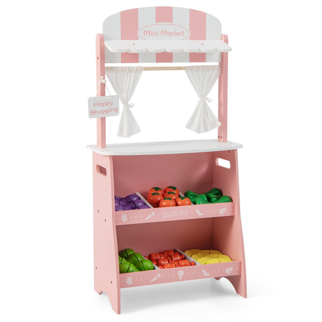 Costzon Kids Wooden Grocery Store Set, Pretend Farmer’s Market Stand w/ 36 Cutting Vegetables & Fruits