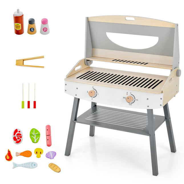 Costzon Kids Barbecue Grill Playset, Wooden Kitchen Playset with 17 Play Food & Barbecue Accessories
