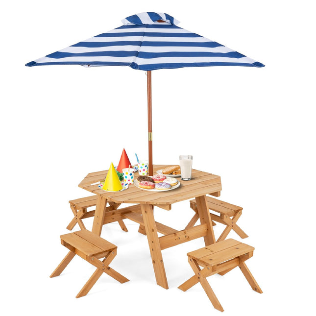Costzon Kids Picnic Table, Fir Wood Octagon Kids Table and Chair Set with Removable Umbrella
