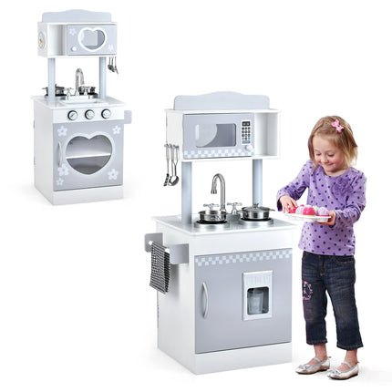 Costzon Kids Kitchen Playset, Double-Sided Wooden Play Kitchen Toy Set, Pretend Chef Cooking Set for Toddlers