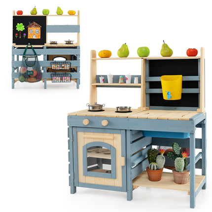 Costzon 2 in 1 Mud Kitchen, Fir Wood Outdoor Play Kitchen & Grocery Store w/Removable Sink