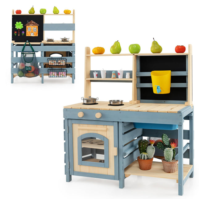 Costzon 2 in 1 Mud Kitchen, Fir Wood Outdoor Play Kitchen & Grocery Store w/Removable Sink