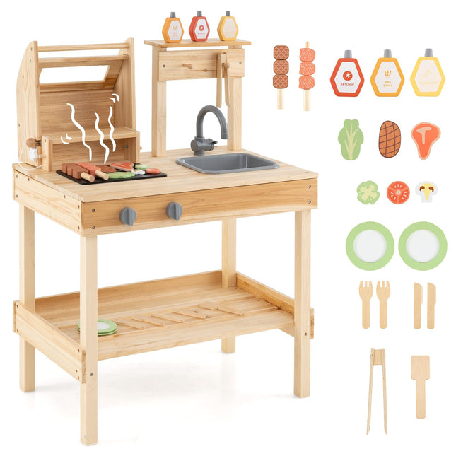 Costzon Kids Grill Playset, Wooden Kids BBQ Grill Playset with Play Food（With Shelf）