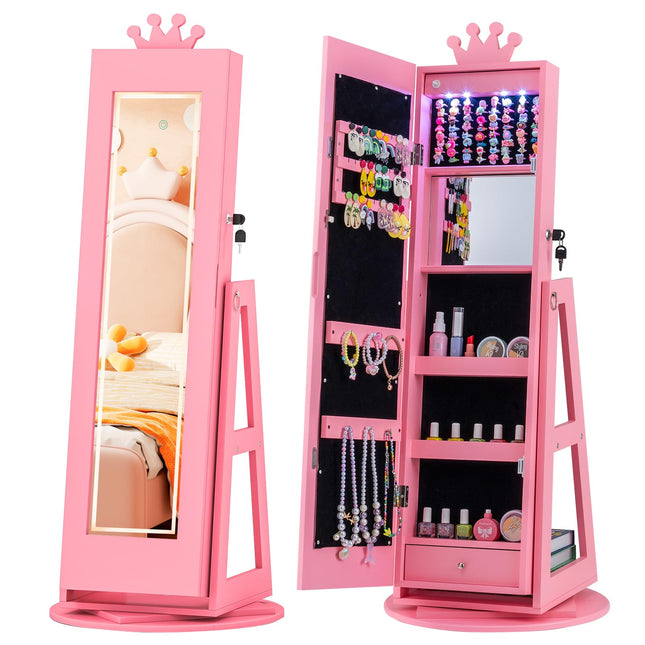 Costzon Kids Jewelry Armoire with LED Lights Lockable Standing Jewelry Organizer