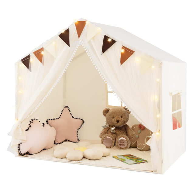Costzon Kids Tent, Large Toddler Play Tent w/Fabric Screen Curtains, Star Lights, Plaid Pennants, 57.5" x 38" x 52.5"